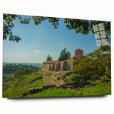 Large abstract wall art of an Albanian landscape in muted earth tones on acrylic glass.