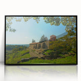 Large abstract wall art depicting a European Albanian scenery in muted earth tones, framed in black acrylic.