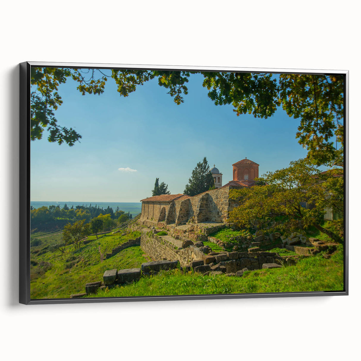 Black and white framed canvas of an Albanian landscape, ideal for bedroom wall art in a vintage poster style.