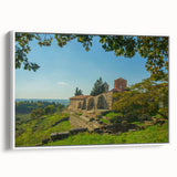 Vintage poster art of an Albanian landscape on a large framed canvas, featuring vibrant colors, ideal for living room decor.