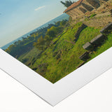 Art deco poster of an Albanian landscape in muted earth tones on rolled canvas, suitable for dining room decor.