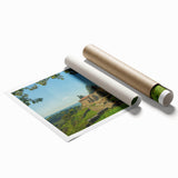 Extra large rolled print of a serene European landscape in muted earth tones, ideal for classy bathroom wall art.