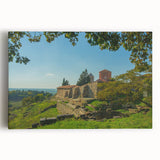 Black and white stretched canvas featuring a serene Albanian landscape, ideal for kitchen wall art or bedroom ambiance.