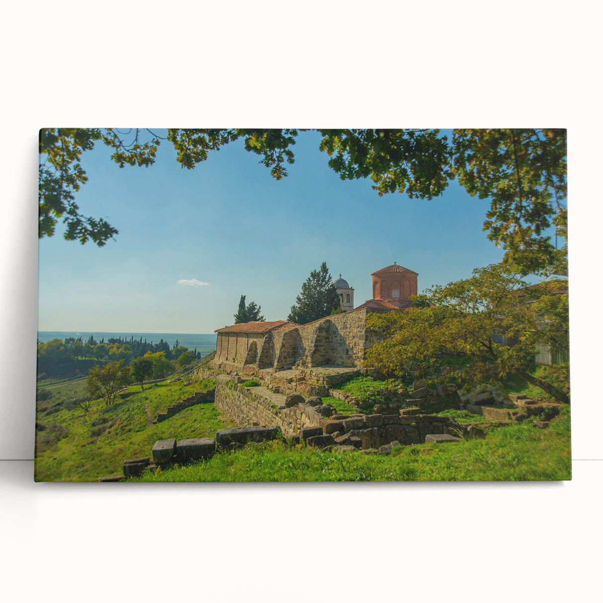 Large black and white stretched canvas of a European Albanian scenery, ideal for kitchen wall art.