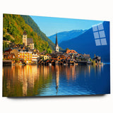 Large abstract wall art of a European scenery in pastel shades on acrylic glass, ideal for bedroom or dining room decor.