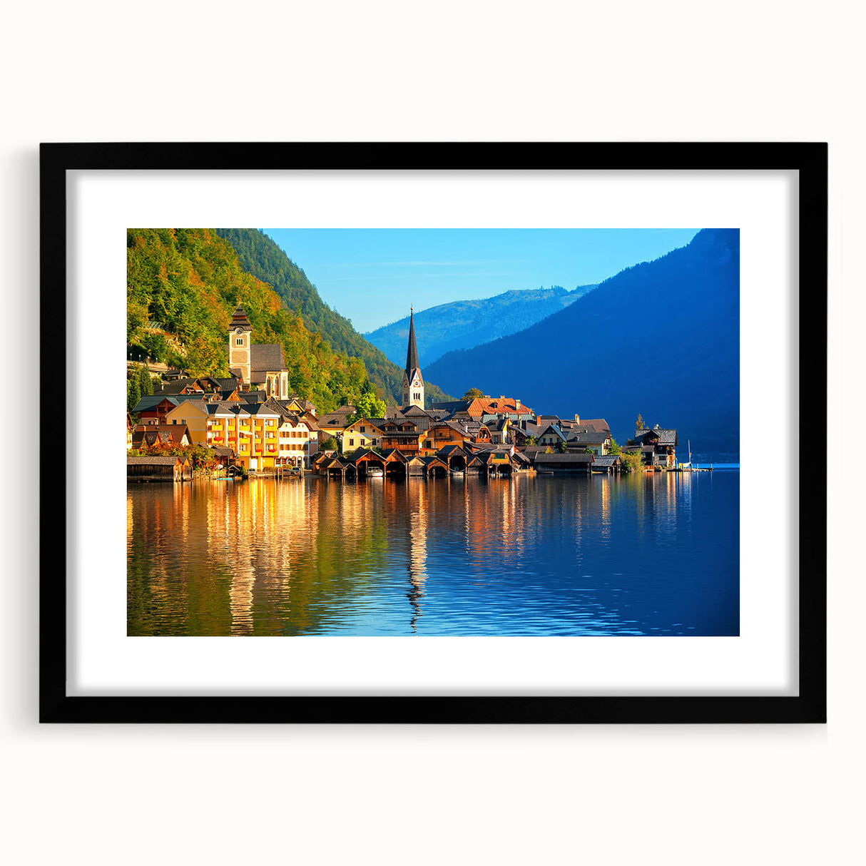Extra large abstract art print depicting a colorful, textured Austrian landscape on a framed black mat.