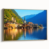 Vintage poster art of a European Austrian landscape in vibrant colors on a large framed canvas, ideal for living room decor.