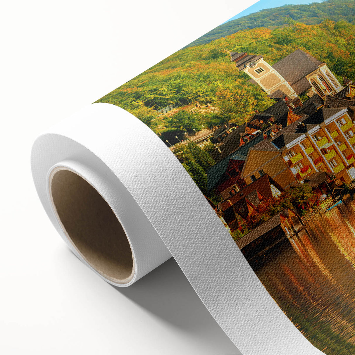 Art Deco poster of a serene Austrian landscape in soft pastel shades on rolled canvas, ideal for nursery wall art.