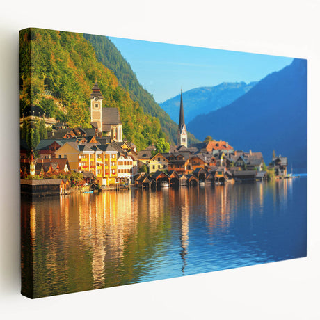 Large canvas print of a European landscape with muted green and brown tones, suitable for kitchen wall art.
