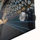 Mid-century modernist abstract of European scenery in muted earth tones on large acrylic glass, ideal for dining room art.