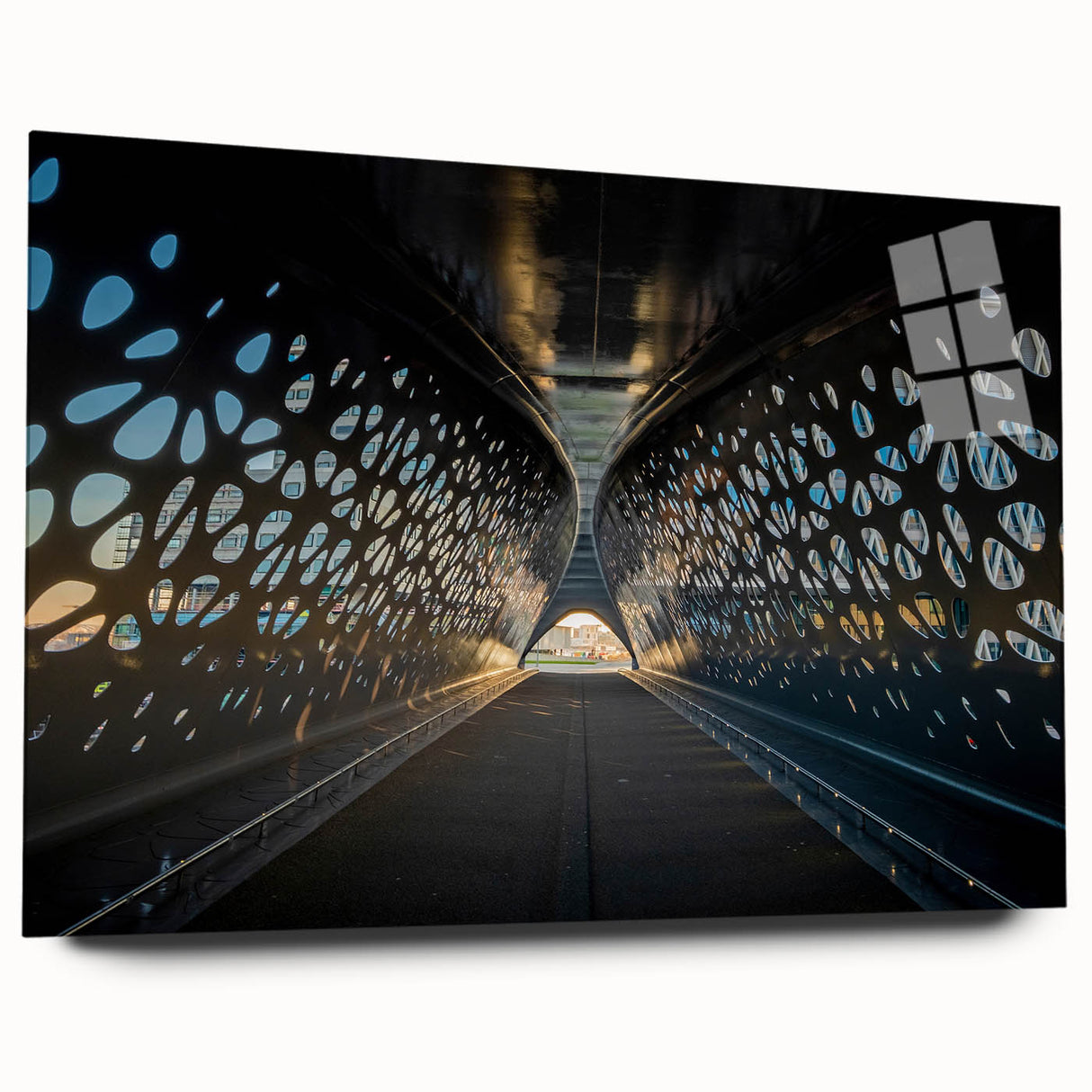 Large abstract wall art depicting a European scenery in muted earth tones, acrylic glass print.