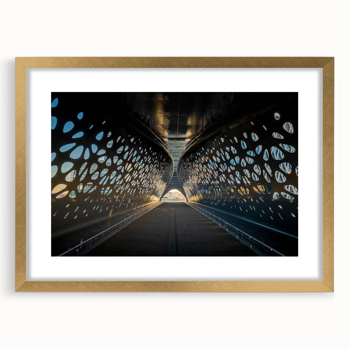 Abstract art print of a European scenery in muted earth tones, framed in gold, ideal for dining room decor.