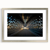 Abstract art print of a European scenery in textured gray and blue tones, framed in silver, ideal for living room decor.