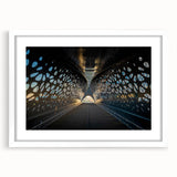 Textured abstract art print of a European scenery in muted earth tones, framed with a white mat, suitable for bedroom decor.