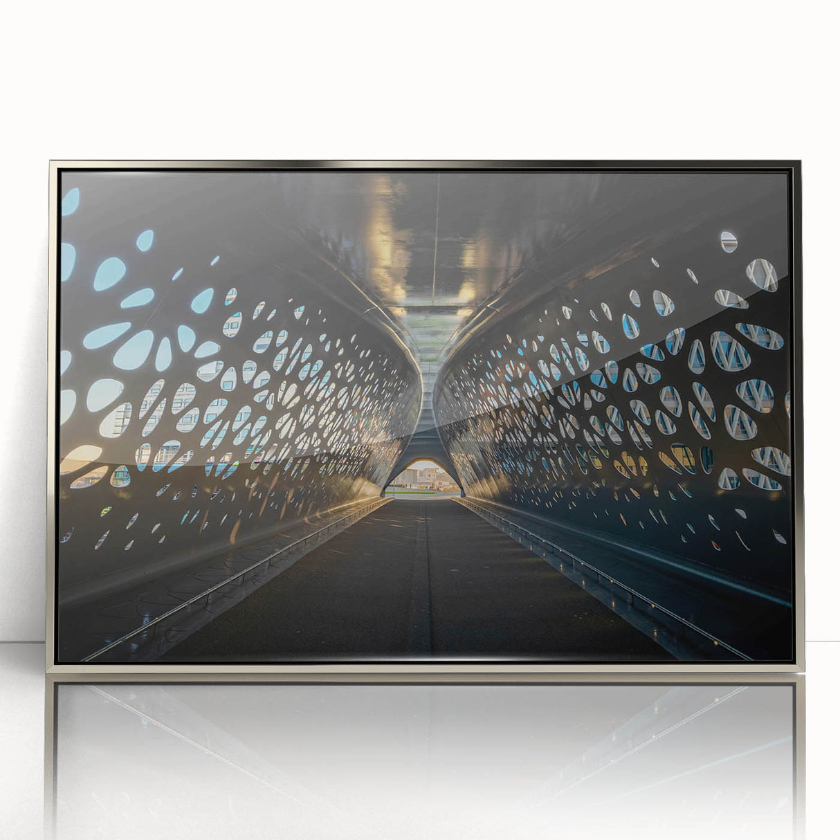 Large art print of a serene Belgian landscape in soft pastel hues, framed in silver acrylic.