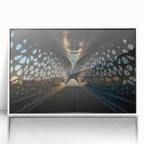 Mid-century modernist art of a European scenery in Belgium, with muted colors on a framed acrylic.