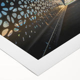 Art deco poster featuring a serene European landscape in muted green and blue tones on rolled canvas.