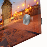 Large abstract wall art featuring a mid-century modernist Bulgarian landscape in muted earth tones on acrylic glass.