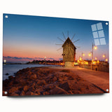 Large abstract wall art of a European scenery in muted blue and green, acrylic glass, ideal for dining room décor.