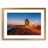 Extra large abstract art print depicting a textured European scenery in muted earth tones, framed in gold.