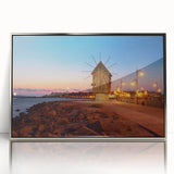 Large art print of a European Bulgarian scenery in mid-century modernist style, framed in silver acrylic.