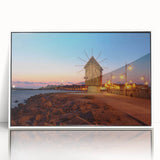 Mid-century modernist art depicting a serene Bulgarian landscape on a framed acrylic, with muted earth tones.