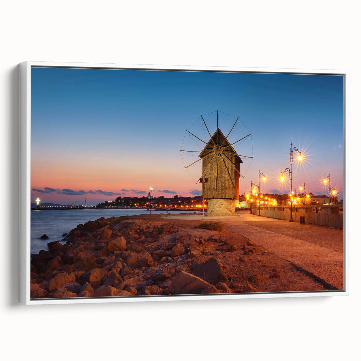 Vintage poster art of a Bulgarian landscape on a framed canvas, featuring vibrant, colorful imagery.