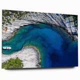 Large abstract wall art of a Croatian landscape in muted blue and green tones on acrylic glass.