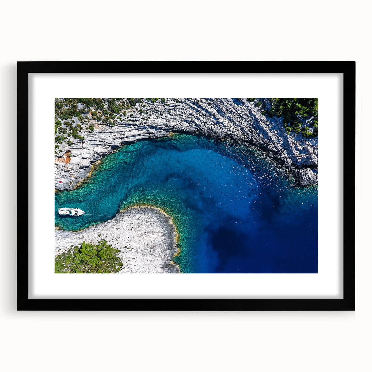 Abstract art print featuring a vibrant, colorful depiction of a Croatian landscape on a large, framed canvas.
