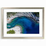 Extra large abstract art print of a Croatian landscape in muted earth tones on textured canvas, framed in silver.