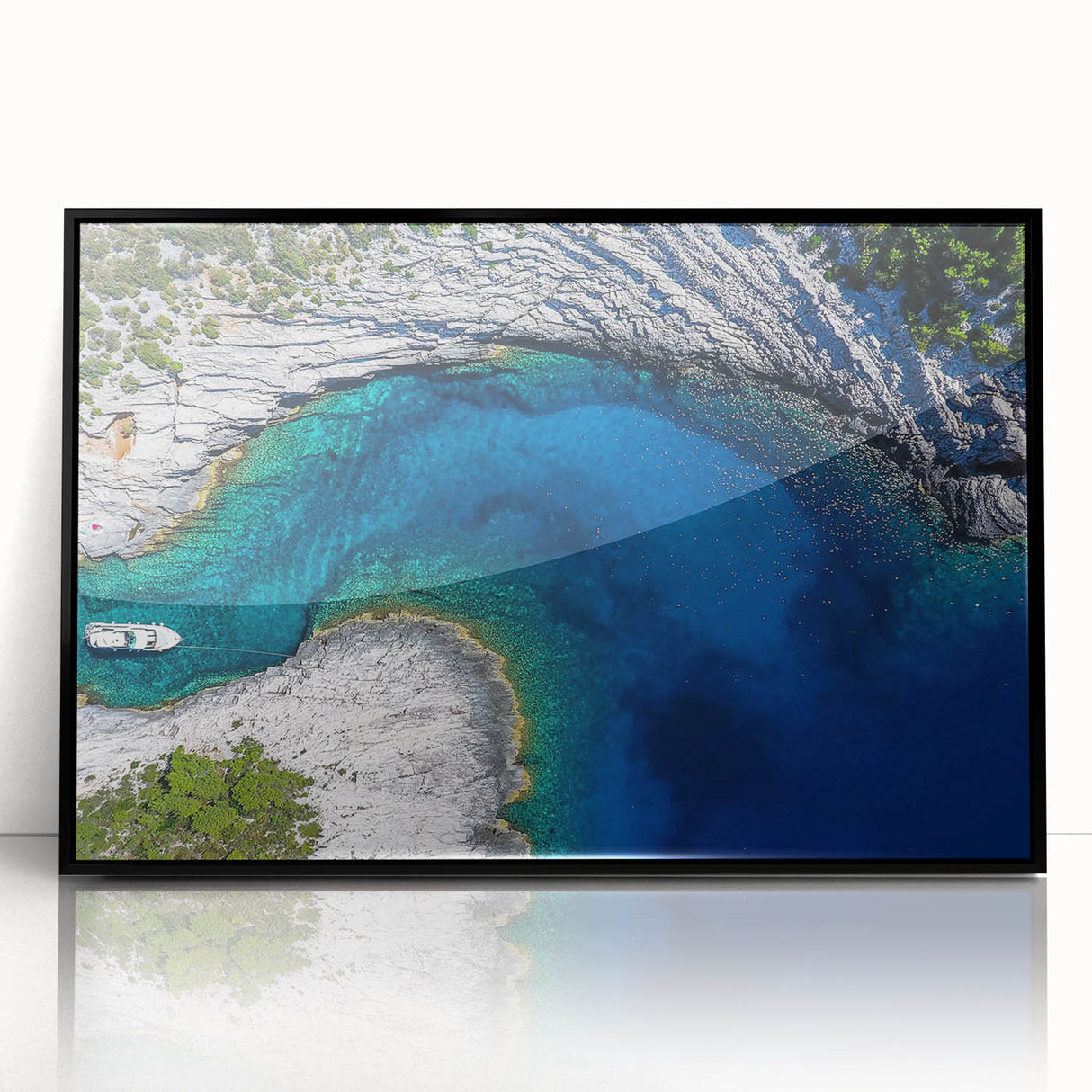 Large abstract wall art depicting a Croatian landscape in muted earth tones on a framed acrylic print.