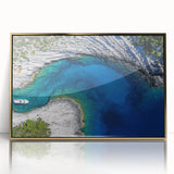 Art deco poster of a Croatian landscape in muted gold tones, acrylic print framed, suitable for modern art wall decor.