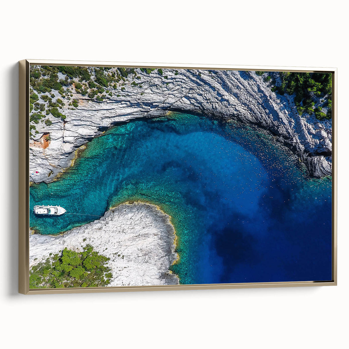Framed canvas featuring a vintage-style landscape painting of a Croatian scenery with muted earth tones.