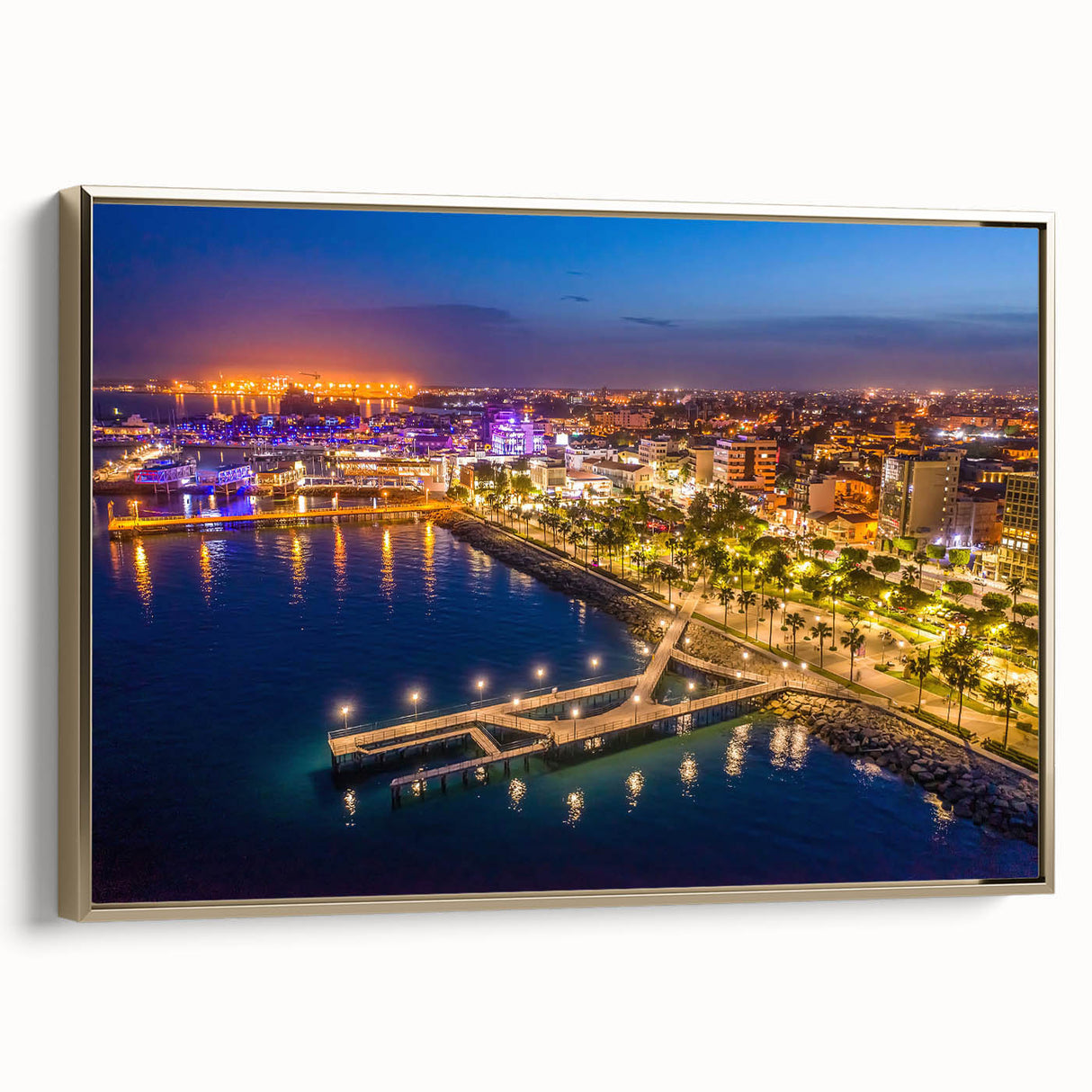 Framed canvas featuring a vintage-style landscape painting of Cyprus, with muted earth tones and gold accents.
