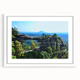 Textured abstract art print of a European scenery in muted earth tones, framed with a white mat, ideal for bedroom art.