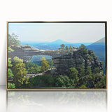 Art deco poster depicting a scenic Czech Republic landscape in muted gold and green tones, framed acrylic.