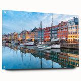 Acrylic glass print of a Danish landscape in muted green and blue tones, ideal for dining room decor.