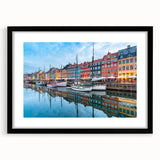 Extra large abstract art print of a colorful European scenery, textured on a black framed mat, ideal for living room decor.