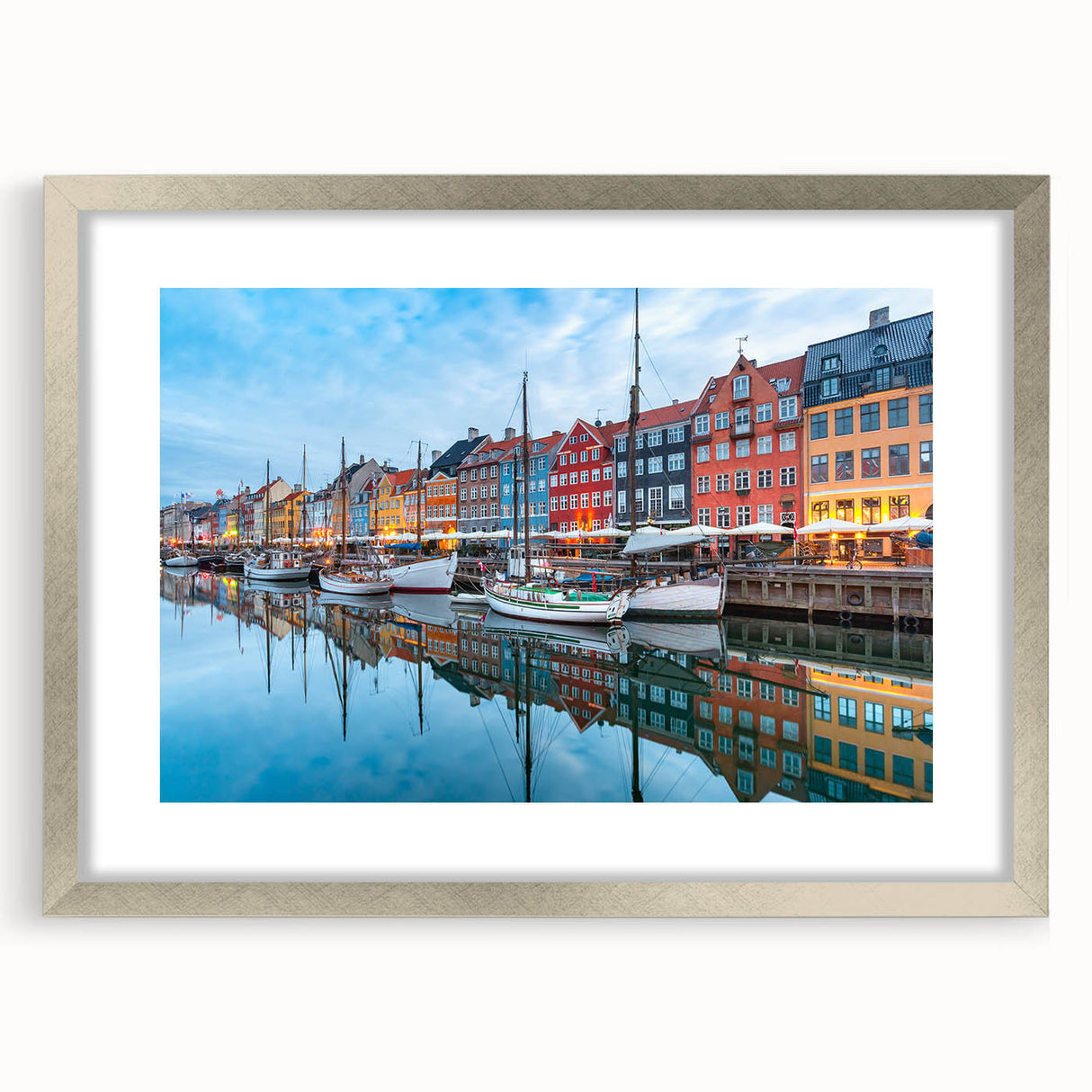 Extra large abstract art print of a European scenery in textured silver frame, ideal for living room decor.