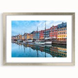 Extra large abstract art print of a European scenery in textured silver frame, ideal for living room decor.