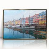 Art deco poster of a European scenery in Denmark with gold acrylic frame, ideal for modern art wall decor in a nursery.