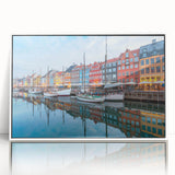 Mid-century modernist art depicting a serene Danish landscape in muted earth tones on a framed acrylic.