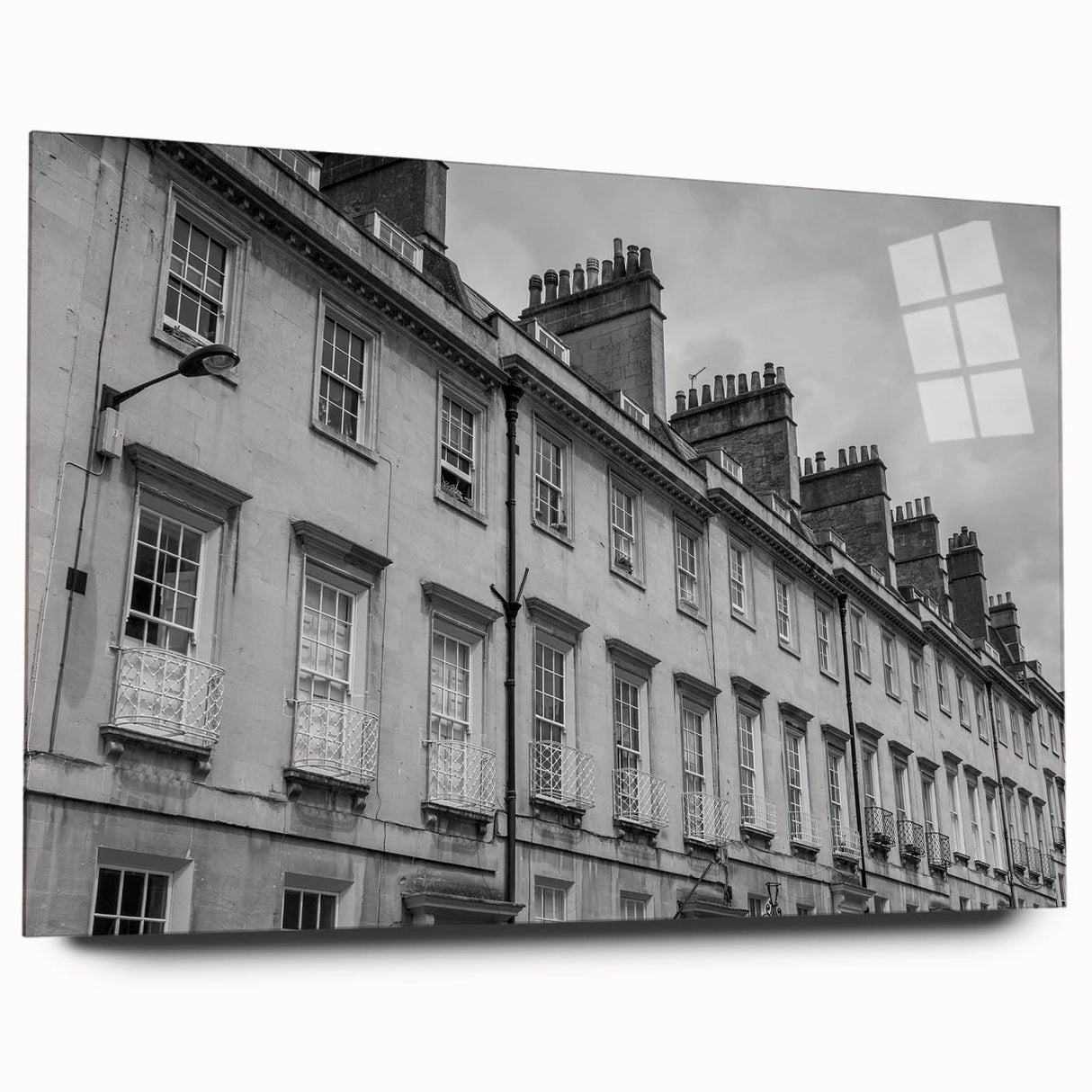 Large abstract depiction of Bath, England in muted watercolor tones on acrylic glass.