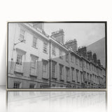 Mid-century modernist art of Bath, England, depicted in muted gray and blue tones on a framed acrylic print.