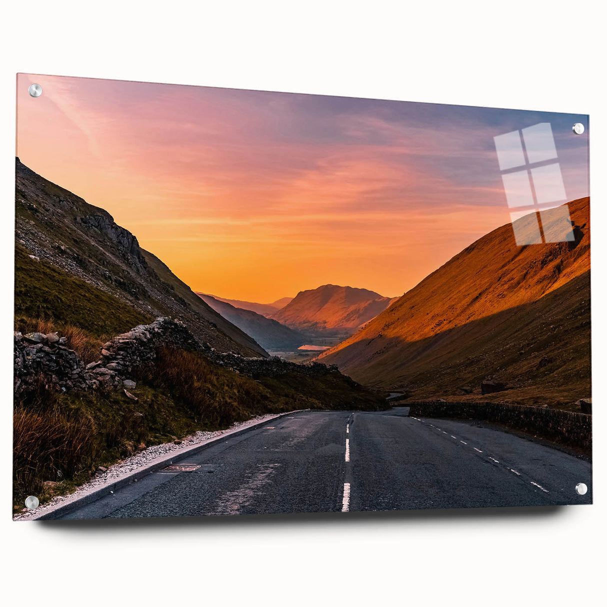 Acrylic print of Cumbria's landscape in muted green and blue tones, suitable for dining room decor.