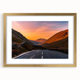 Abstract art print of Cumbria, England scenery in muted green and blue tones, framed in gold, suitable for dining room decor.