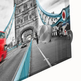 Mid-century modernist London skyline in muted grays and blues on a large acrylic print, ideal for dining room art.