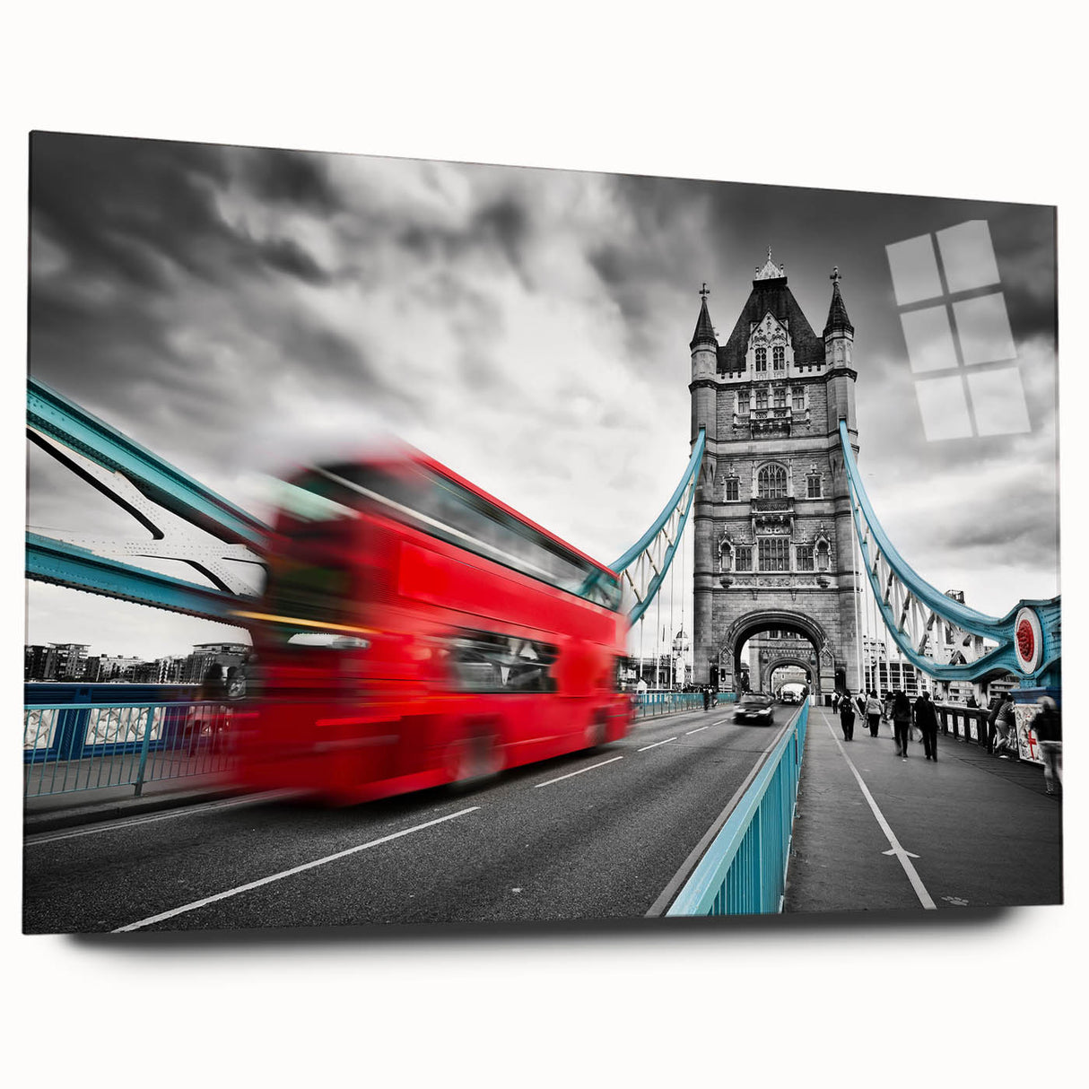 Acrylic print of abstract London skyline in cool gray and blue shades, ideal for bedroom or dining room decor.