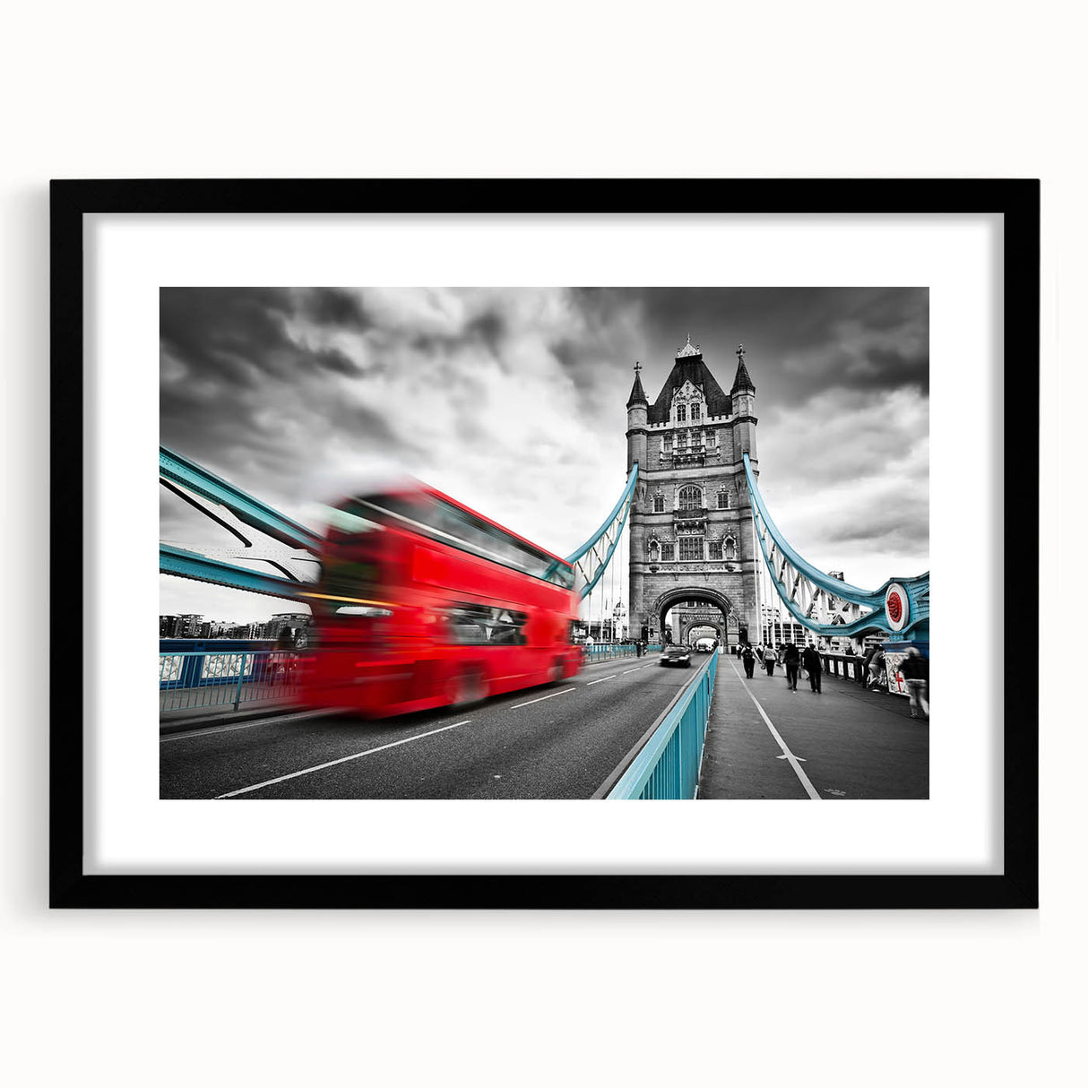 Extra large abstract art print of a colorful London skyline, textured on a framed black mat, ideal for living room decor.