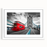 Textured abstract art print of London scenery in muted earth tones, framed with a white mat, suitable for bedroom decor.